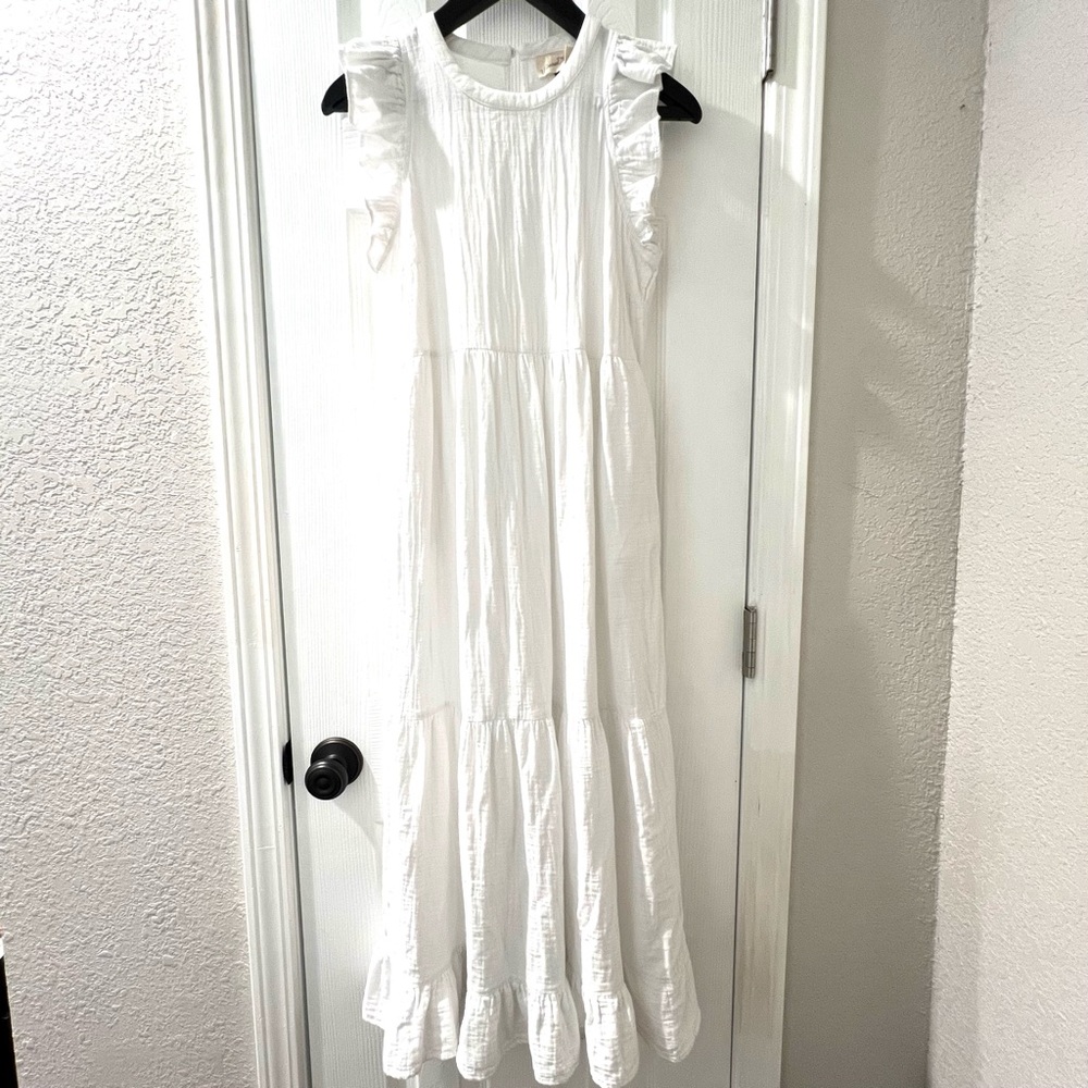 White Boho Ruffle Shoulder Flowy Tiered Maxi Dress